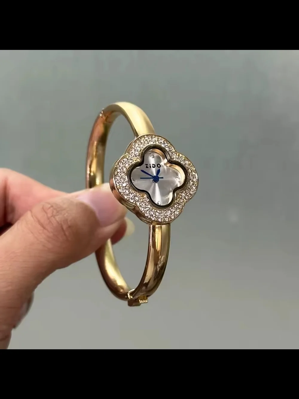 Gold Flower-Shaped Crystal Bangle Watch